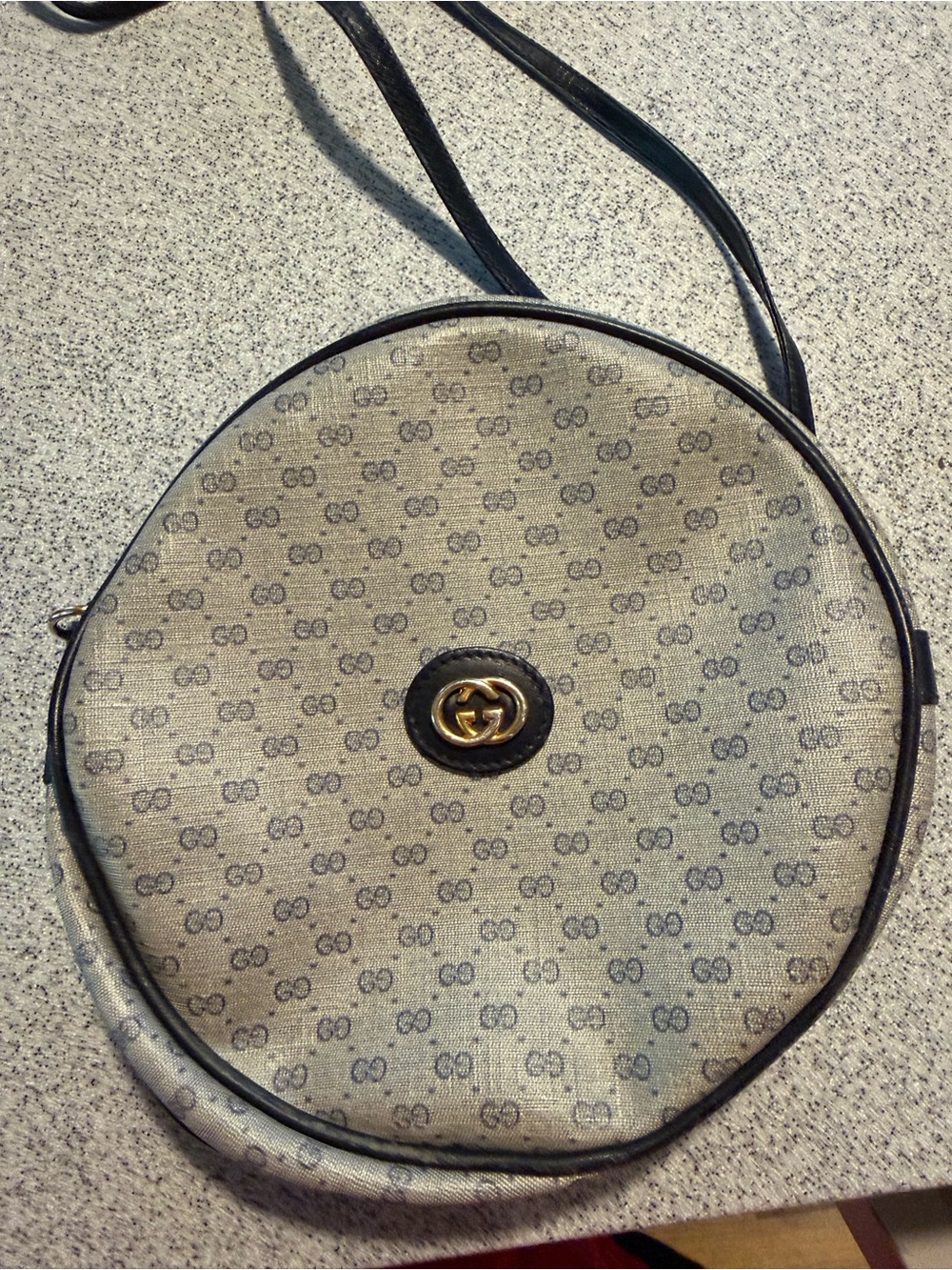 Gucci Gray & Navy Monogram Round Crossbody with Black Trim and Gold Logo